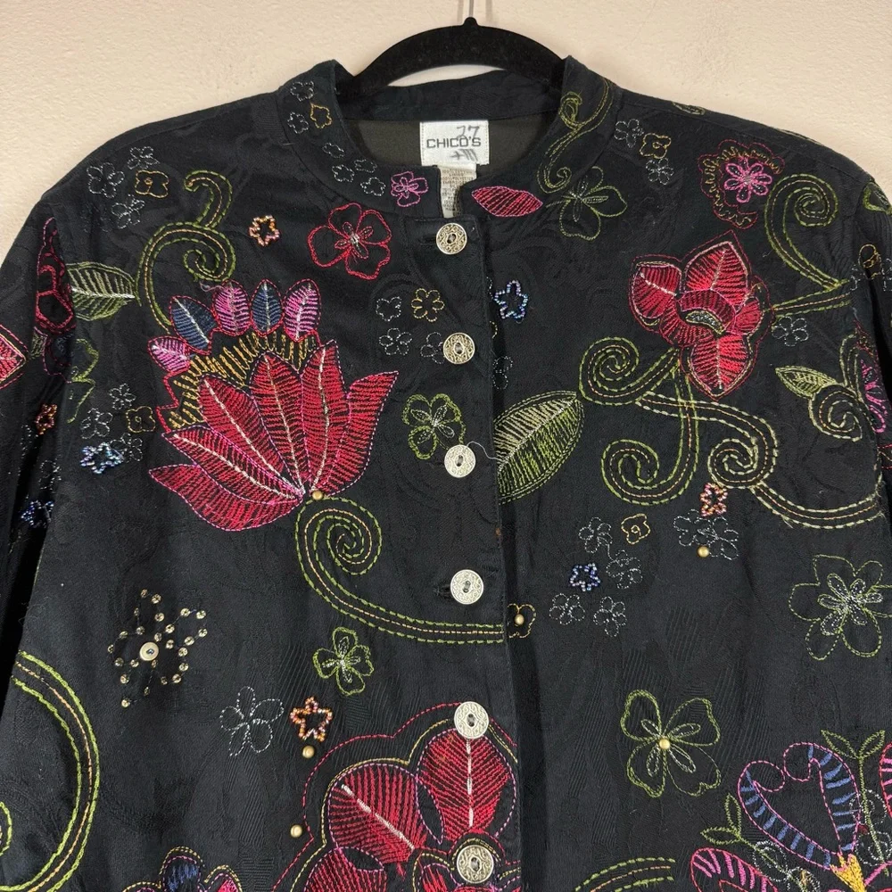 Chico's Artsy Embroidered Jacket Colorful Floral Beaded Studs Black Long Medium - Picture 2 of 6